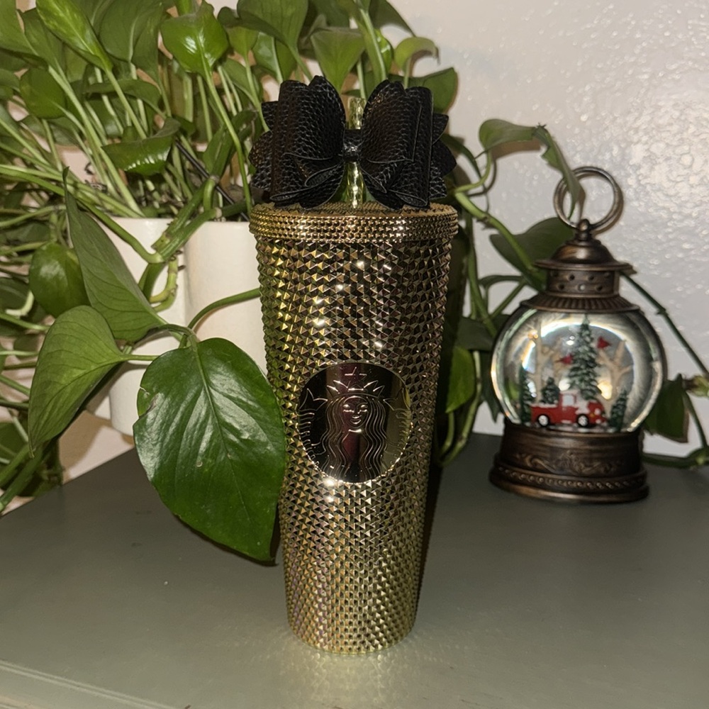 starbucks chrome gold studded cup withh leather texture bow topper